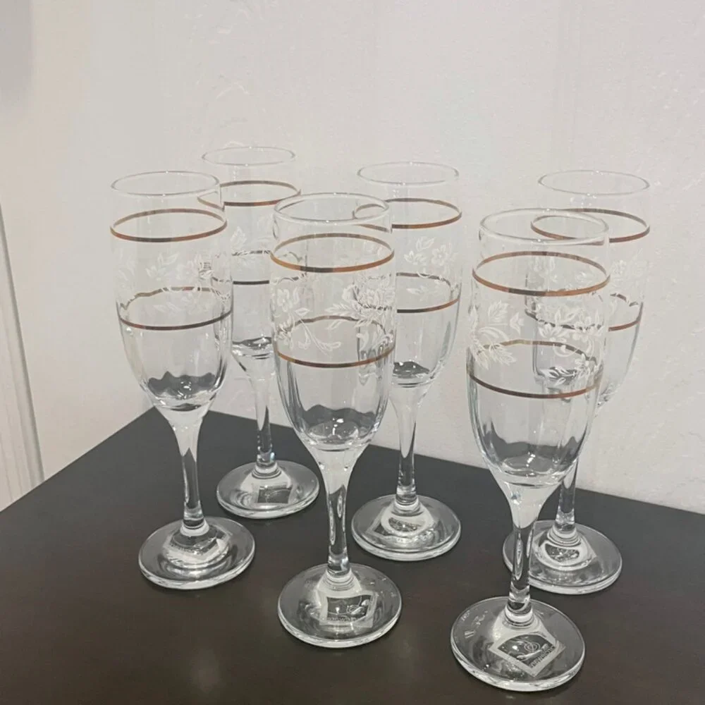 CICLE WARE SET OF 6‎ CHAMPAGNE FLUTES DUTCHES GOLD RIM FLORAL MADE IN TURKEY